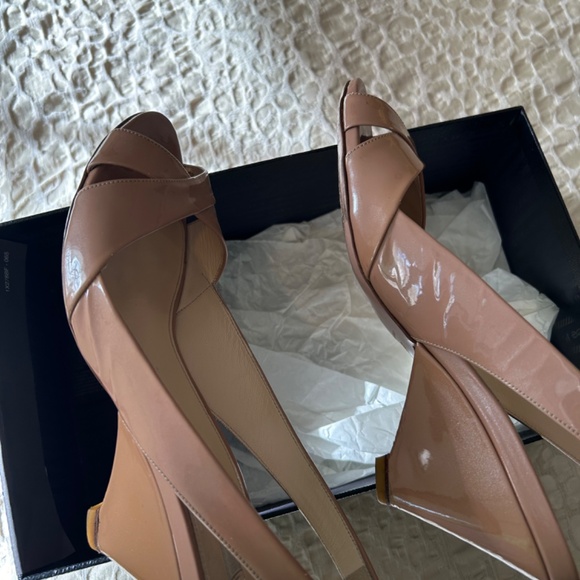 GORGEOUS PRADA NUDE PATENT LEATHER PEEP TOE WEDGE SLING BACK SIZE 38 1/2 - Picture 8 of 12